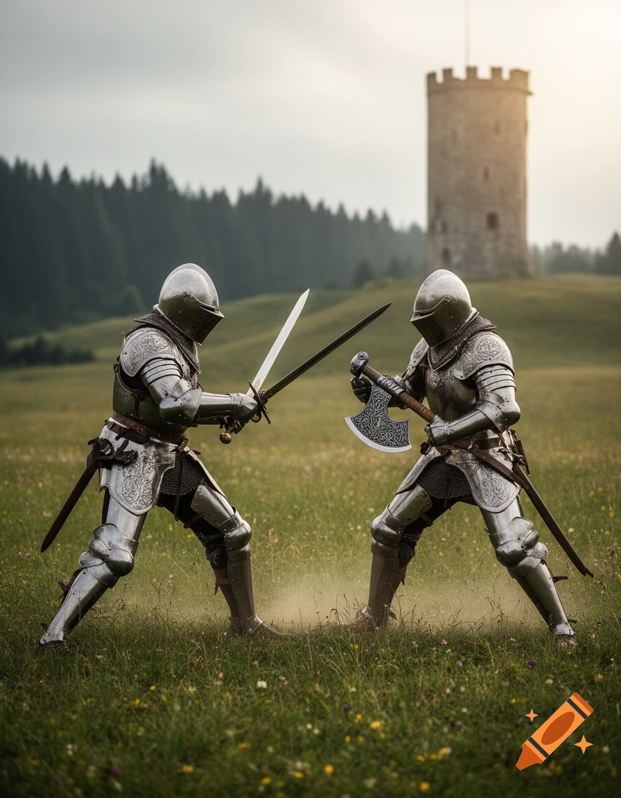 Two armored knights duel with a sword and axe in a grassy field with a distant castle.