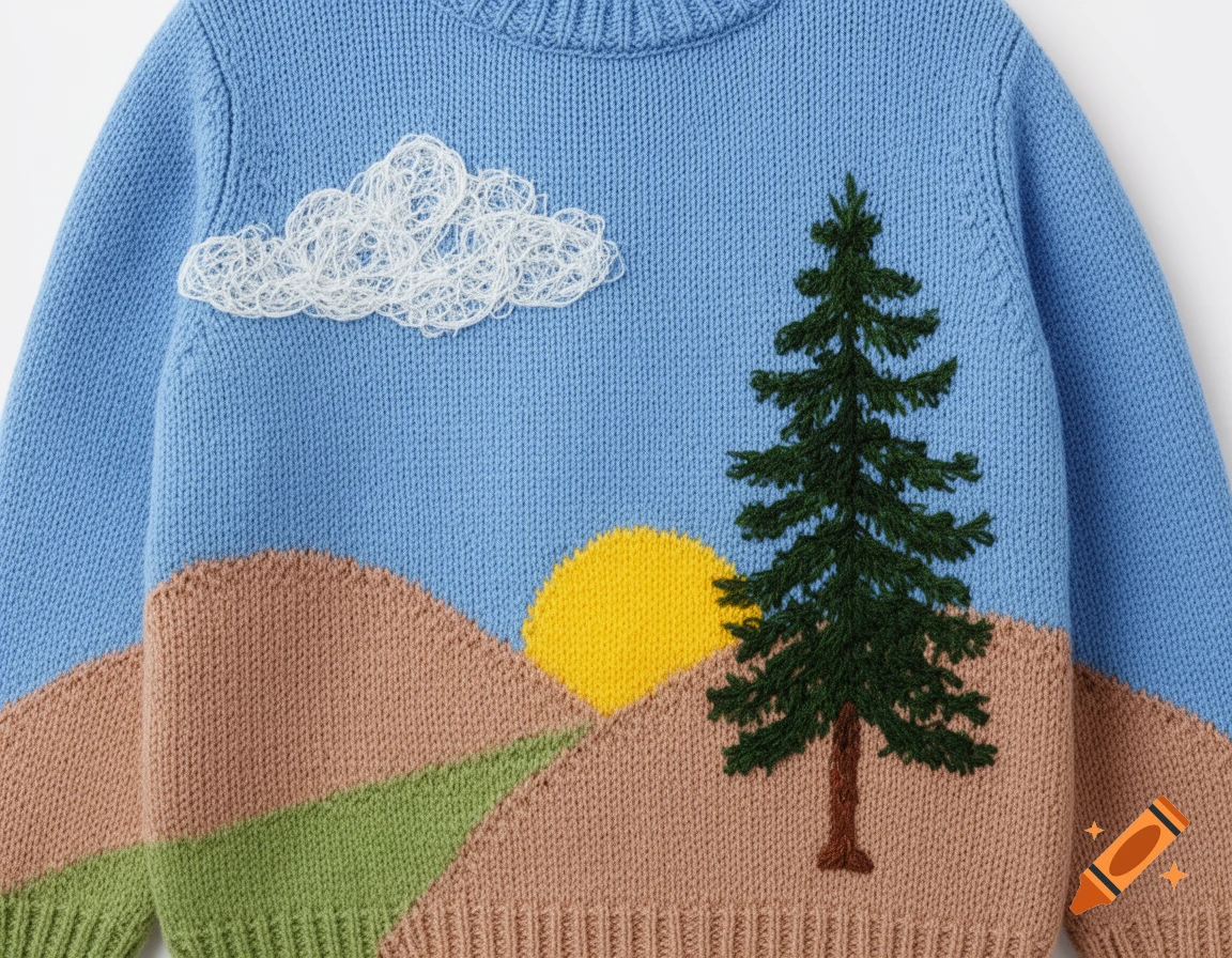 A blue knitted sweater featuring a landscape design with brown hills, a green valley, a dark green pine tree, a yellow sun, and a frayed white cloud.