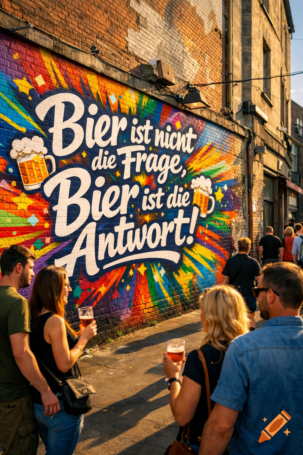 People walk past a vibrant mural on a brick wall that reads "Bier ist nicht die Frage, Bier ist die Antwort!"