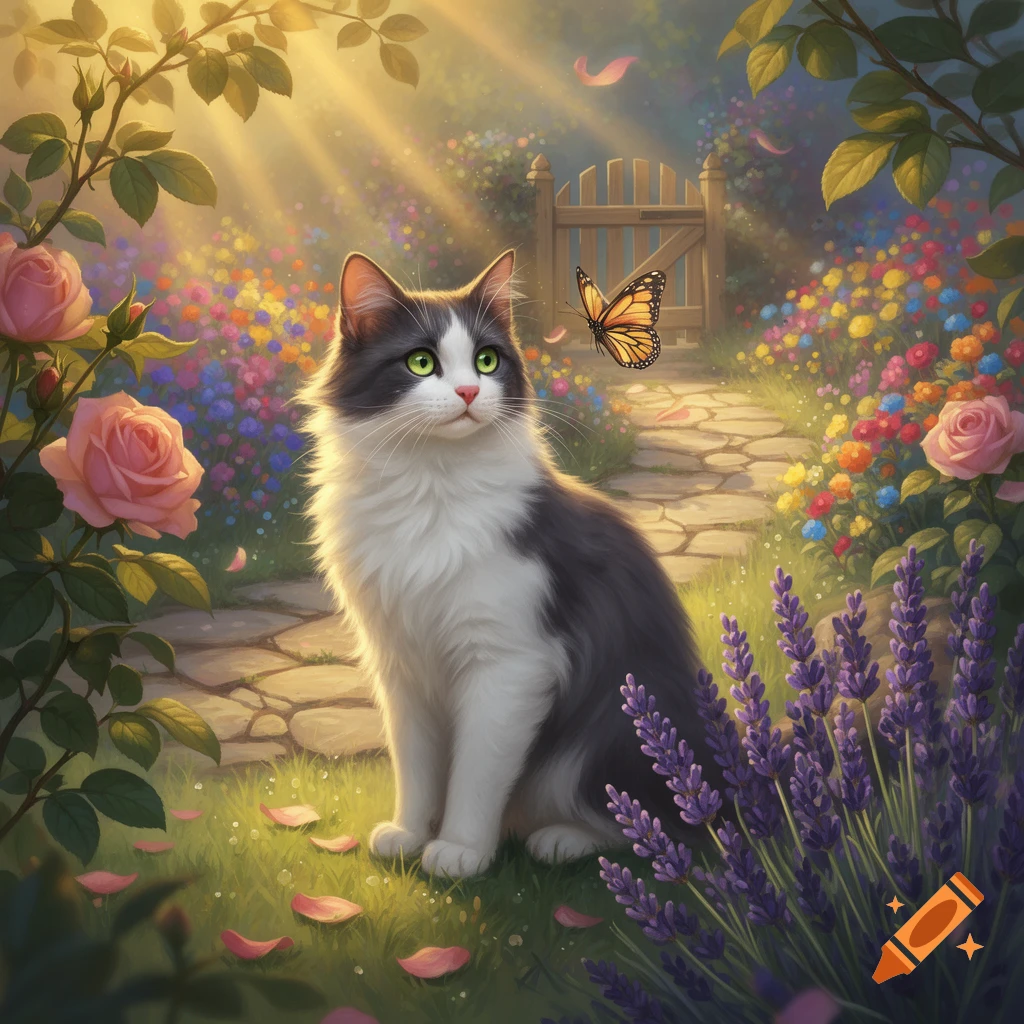 Fluffy grey and white cat with green eyes sitting on a stone path in a vibrant, sunlit garden with flowers and lavender, a butterfly nearby.