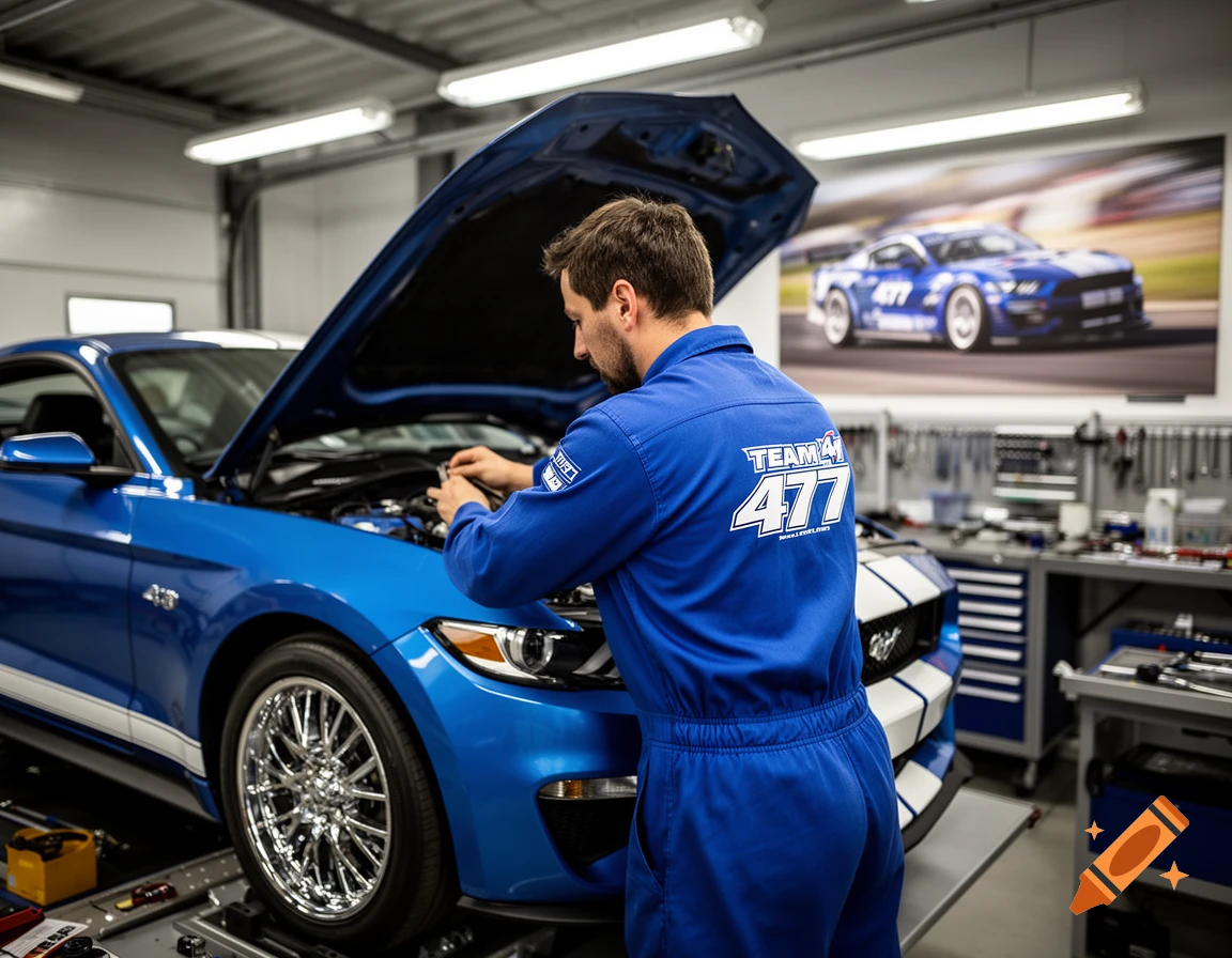 A photorealistic image of a mechanic in a blue jumpsuit with "TEAM 477" on the back, working on a blue Ford Mustang in a garage.