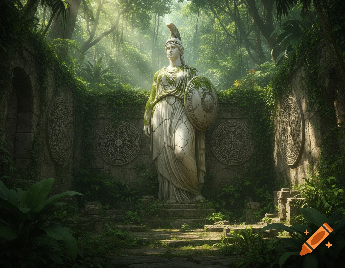 A weathered statue of Athena stands in a lush, overgrown ancient Roman ruin amidst a dense jungle, with circular engravings on the walls.