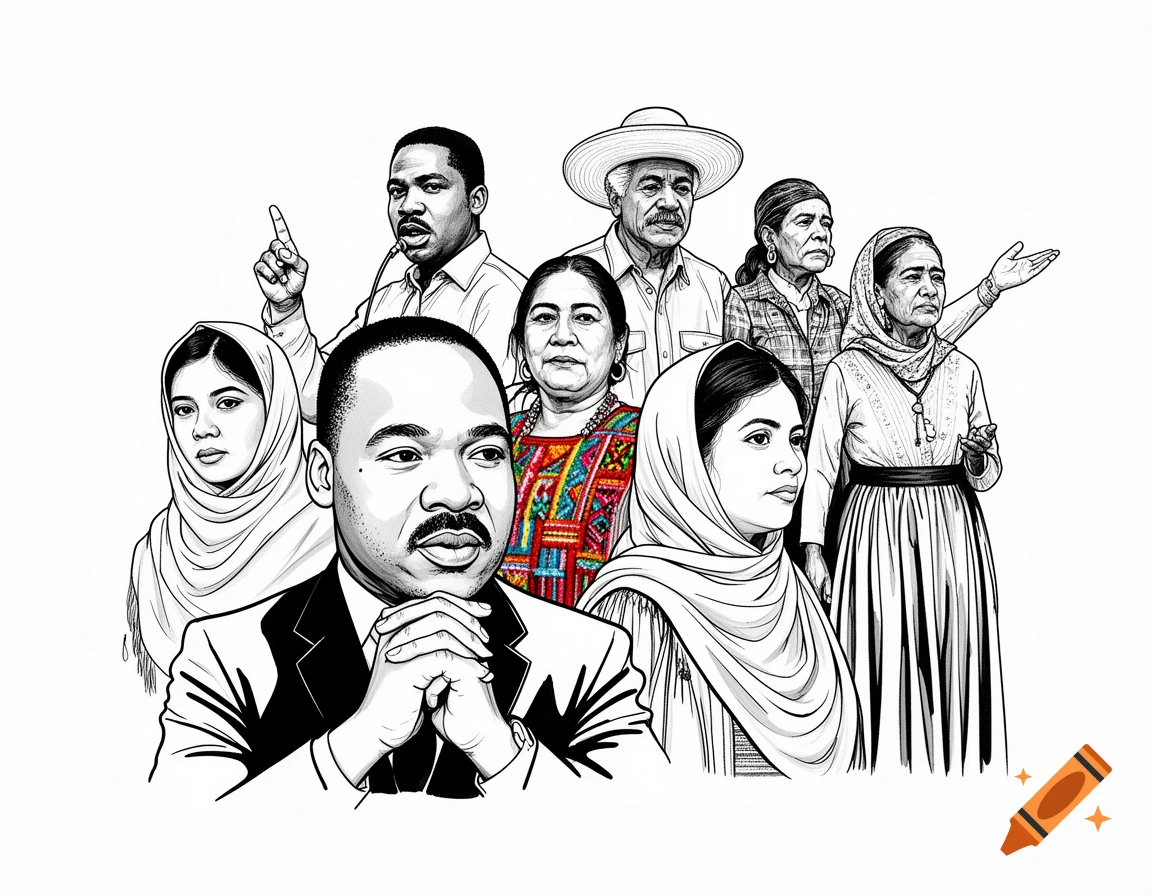 Black and white line art collage of civil rights leaders including Martin Luther King Jr., Malala Yousafzai, and Malcolm X.