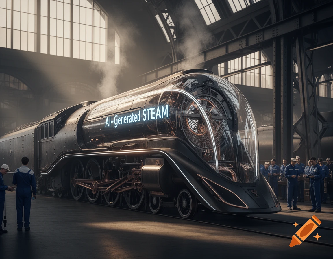 A futuristic, dark grey steam train with glowing "AI-Generated STEAM" text on its side, parked in a large industrial shed with workers.