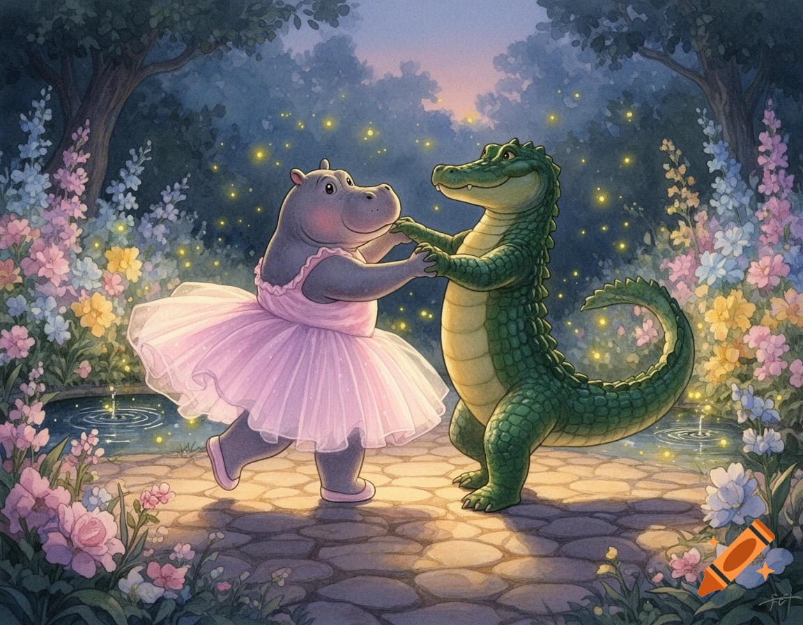 A whimsical illustration of a hippo in a pink tutu and an alligator dancing in a moonlit forest with glowing fireflies and colorful flowers.