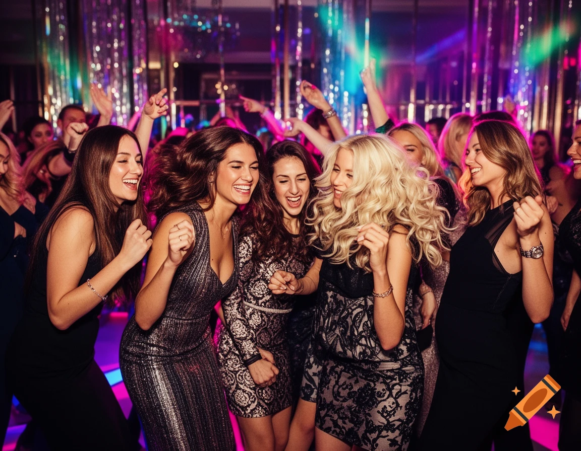 Group of smiling women dancing joyfully at a vibrant party with colorful lights.