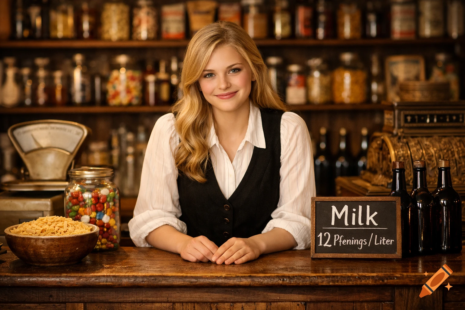 A young, fair-skinned woman with blonde hair and a gentle smile stands behind a wooden counter in a nostalgic general store, a "Milk 12 Pfennigs/Liter" sign beside her. Photorealistic.