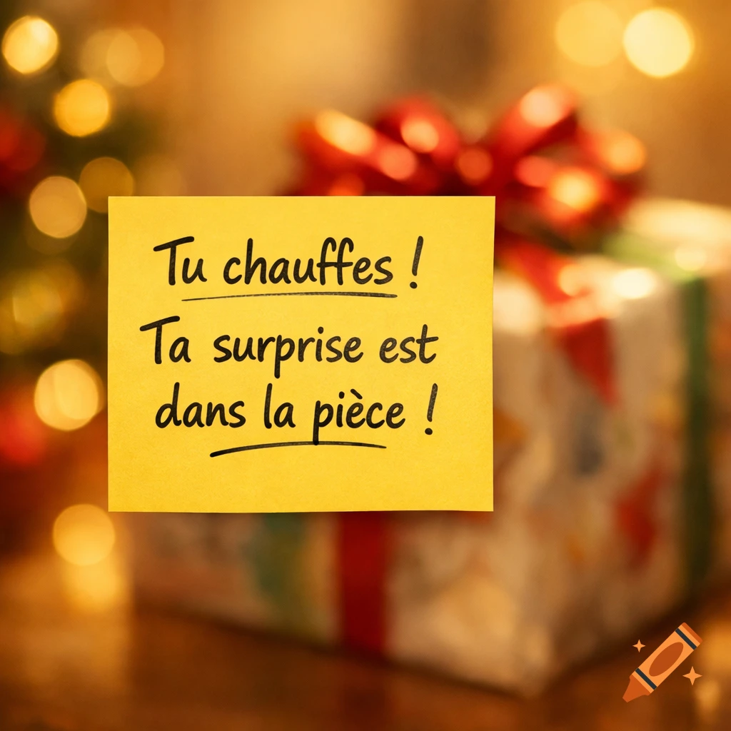 A yellow sticky note with French text "Tu chauffes! Ta surprise est dans la pièce!" (You're getting warm! Your surprise is in the room!) affixed to a blurred gift box with a red ribbon and warm bokeh lights.