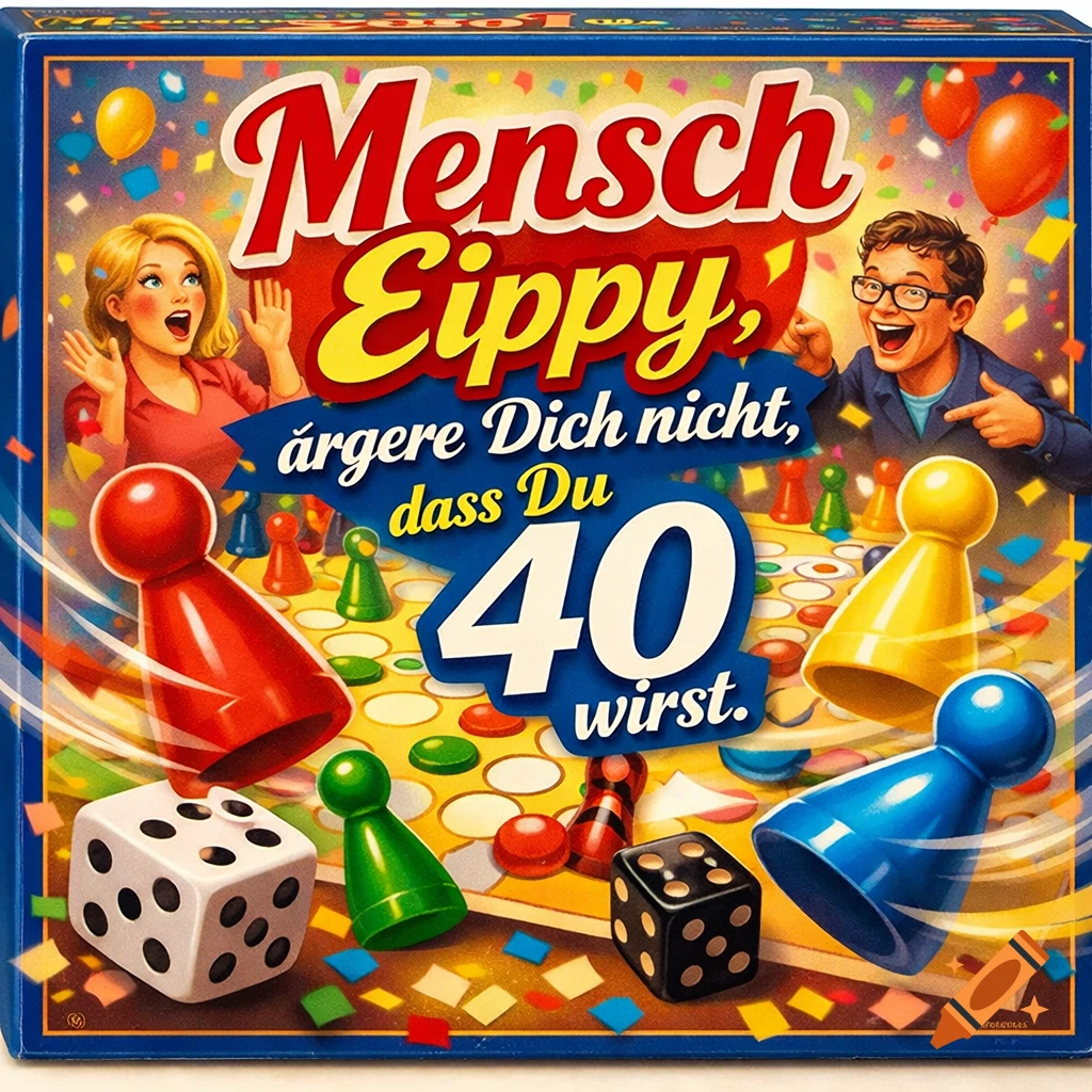A colorful illustration of a board game box titled "Mensch Eippy, ärgere Dich nicht, dass Du 40 wirst.", featuring two excited people, game pawns, and dice.