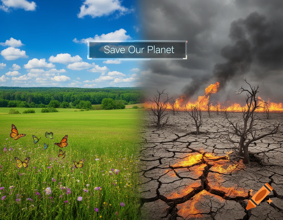A split image contrasting a vibrant green field with butterflies under a blue sky, and a dry, burning, cracked land under a smoky sky. Text: Save Our Planet.