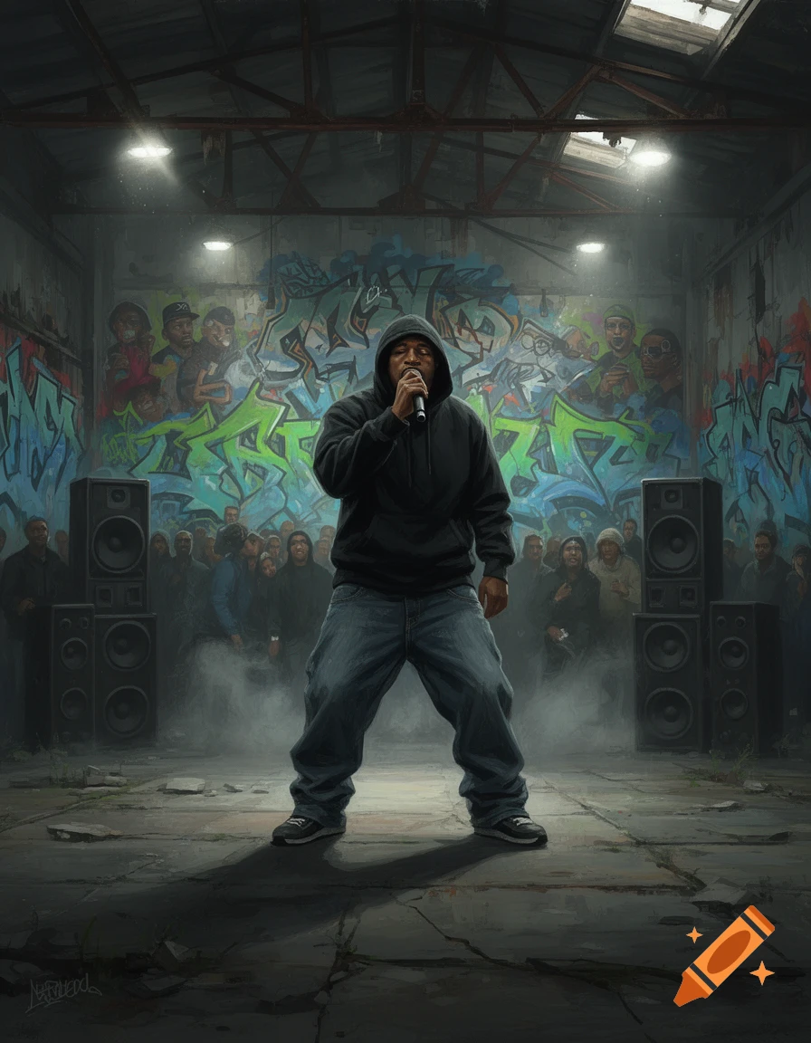 A rapper in a black hoodie performs with a microphone on a stage in a graffiti-covered warehouse, bathed in spotlights and surrounded by a crowd.
