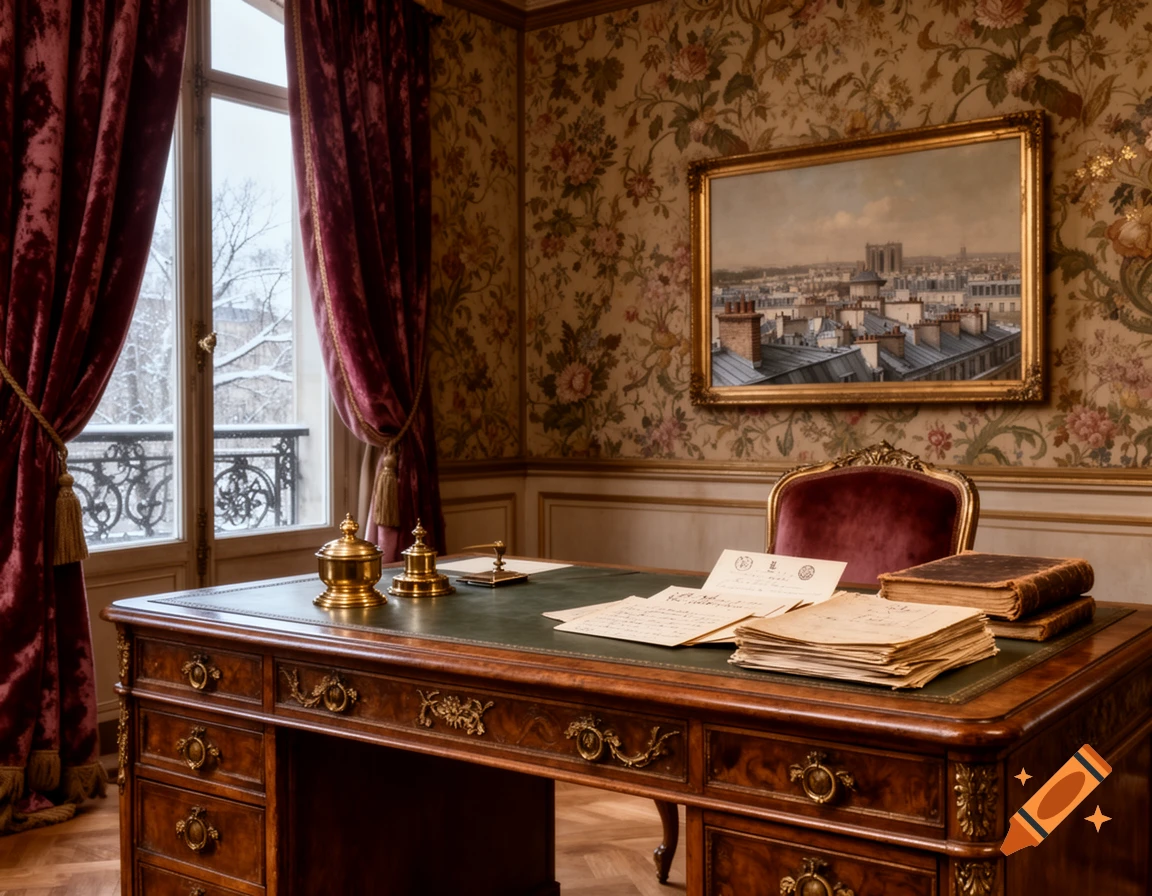 An ornate vintage study with a large wooden desk, velvet curtains, patterned wallpaper, and a painting of a city skyline.