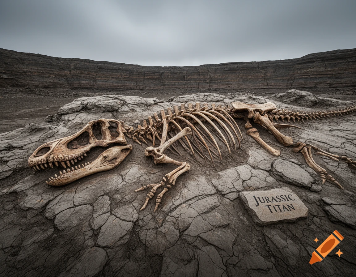 A large dinosaur skeleton, identified as "JURASSIC TITAN", lies fossilized on cracked, rocky ground under a gray sky.
