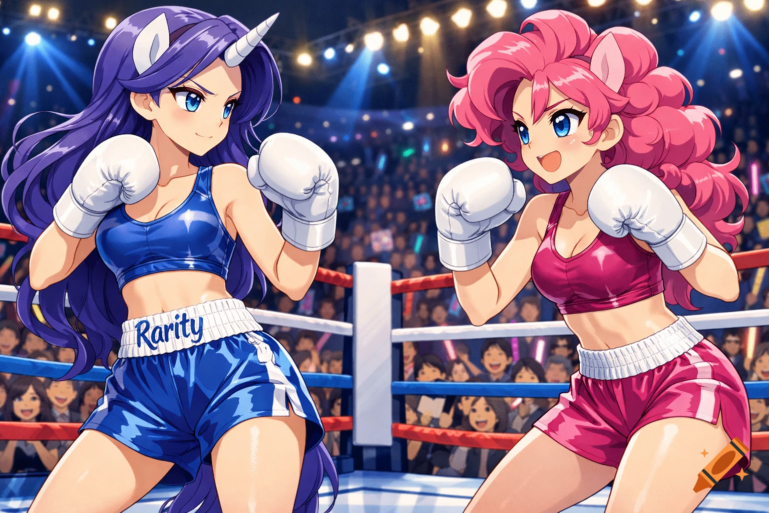 Anime-style Rarity in a blue boxing outfit and Pinkie Pie in a pink boxing outfit face each other in a brightly lit boxing ring.