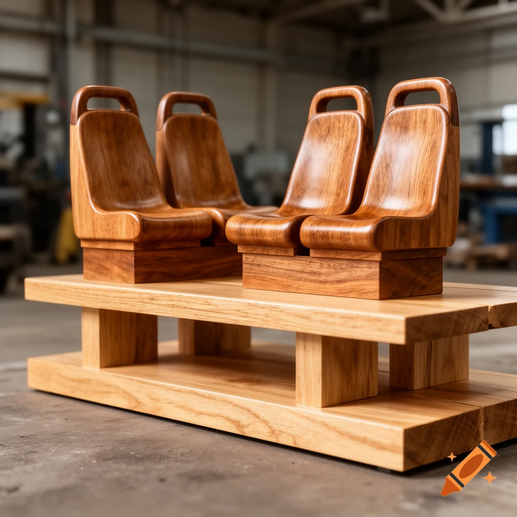 Four detailed miniature wooden bus seats arranged on a light wood display stand in a workshop.