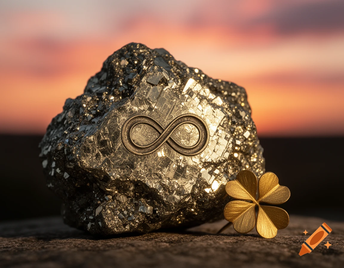A sparkling pyrite rock with an engraved infinity symbol next to a golden four-leaf clover, against a sunset sky.