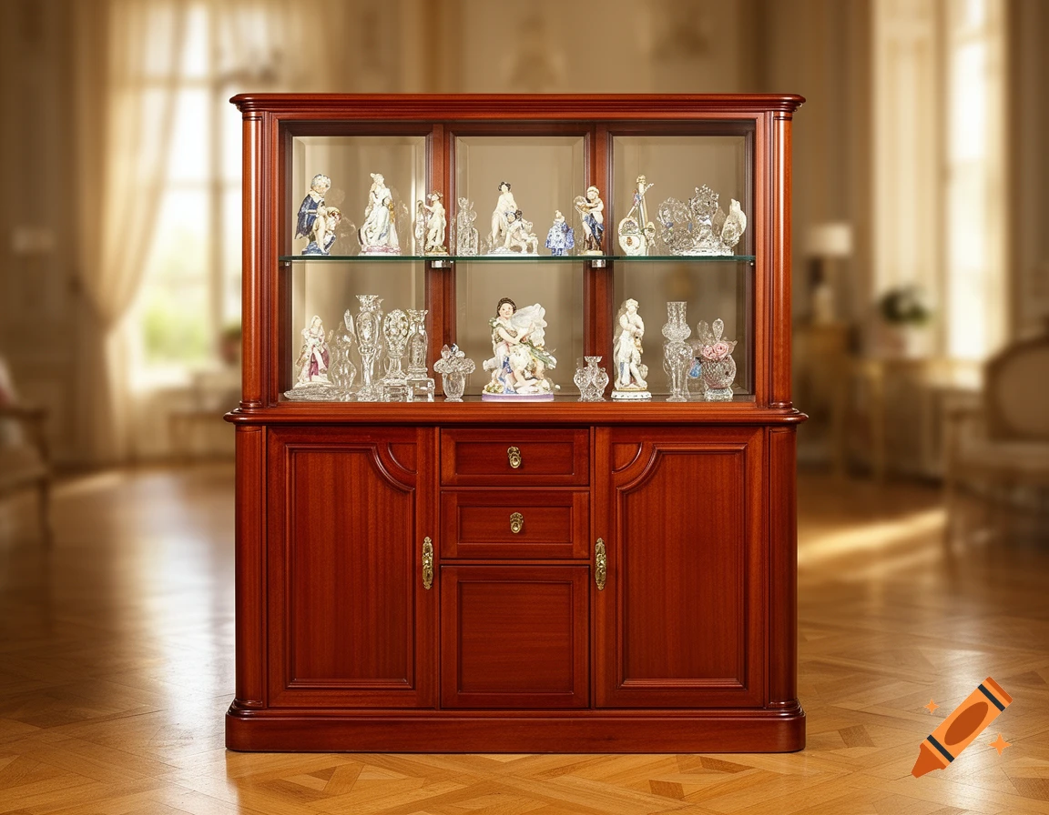 A photorealistic wooden display cabinet with glass doors, shelves, and drawers, filled with various porcelain figurines and crystal items.