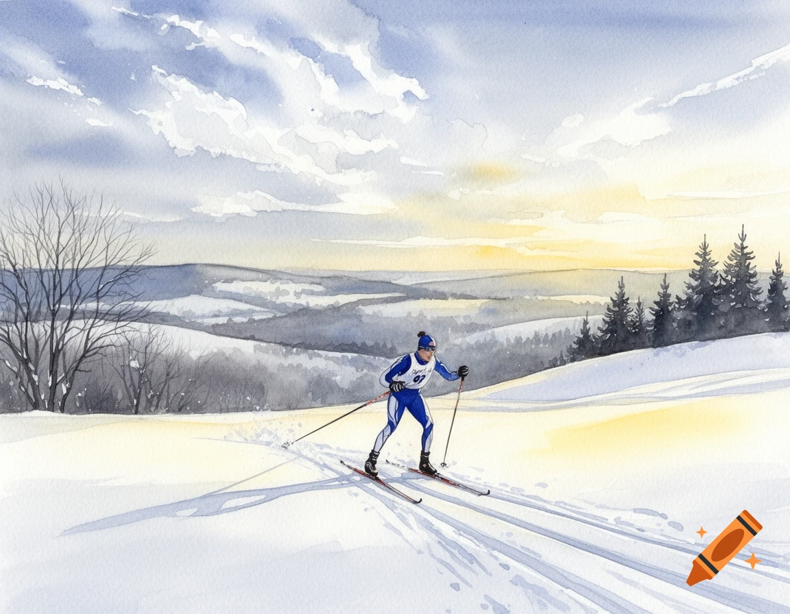 Watercolor painting of a cross-country skier in a snowy mountain landscape at sunrise, with a clear sky.
