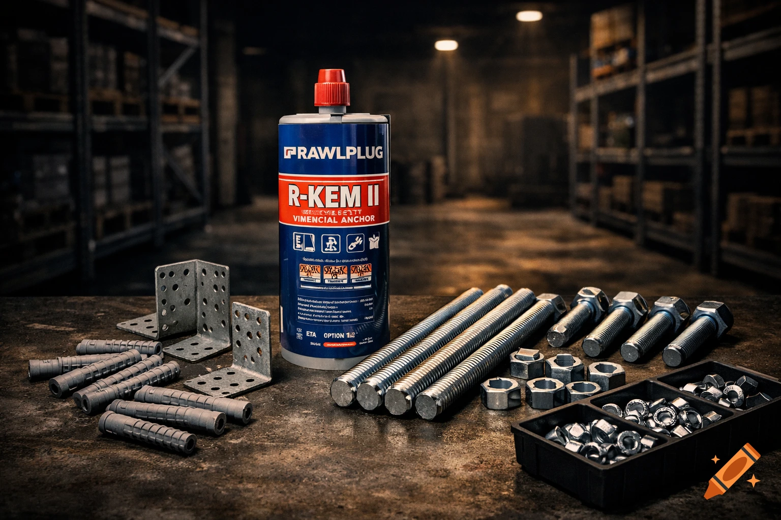 Photorealistic image of Rawlplug chemical anchor, threaded rods, hex bolts, nuts, and plastic dowels in a dark warehouse.