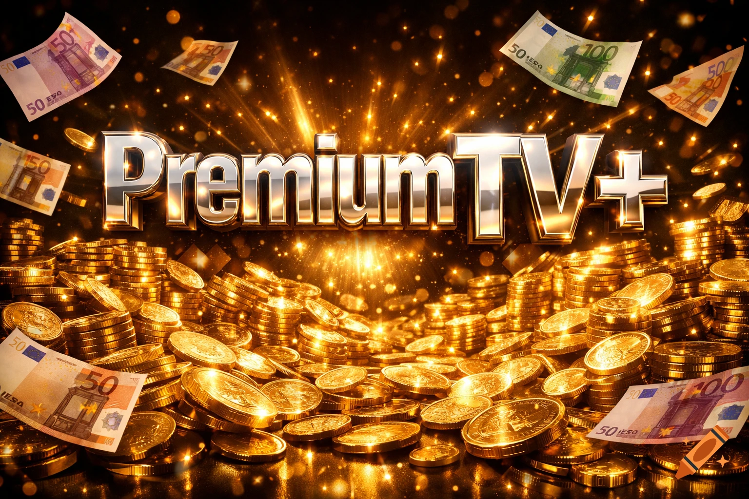 A luxurious promotional graphic with shiny 3D metallic letters spelling "Premium TV+" surrounded by piles of gold coins and scattered euro banknotes against a sparkling dark background.