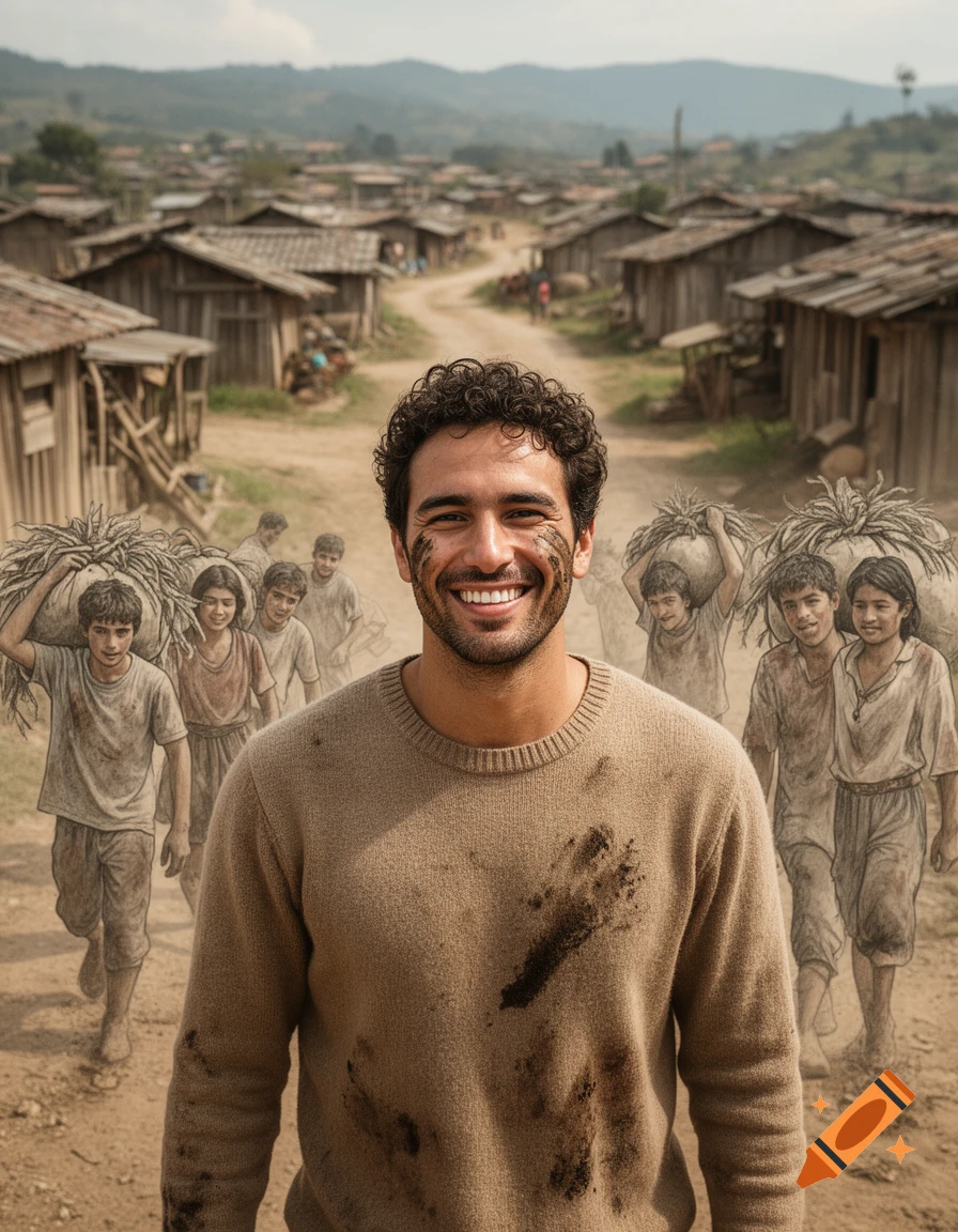 A smiling man with a dirty face and sweater stands in the foreground, with a dirt road leading through a rustic village and stylized children carrying sacks in the background.