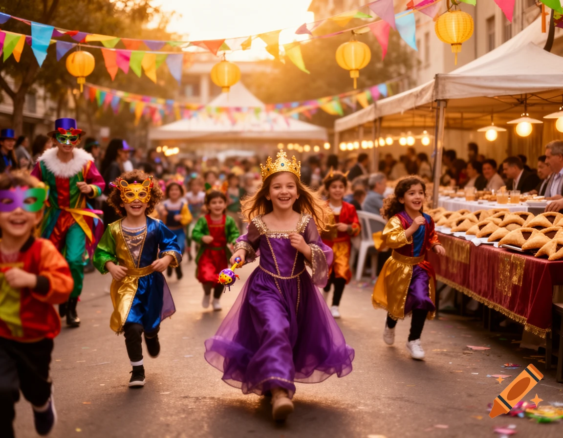 Smiling children in colorful costumes and masks run down a decorated street during a festive parade at sunset.