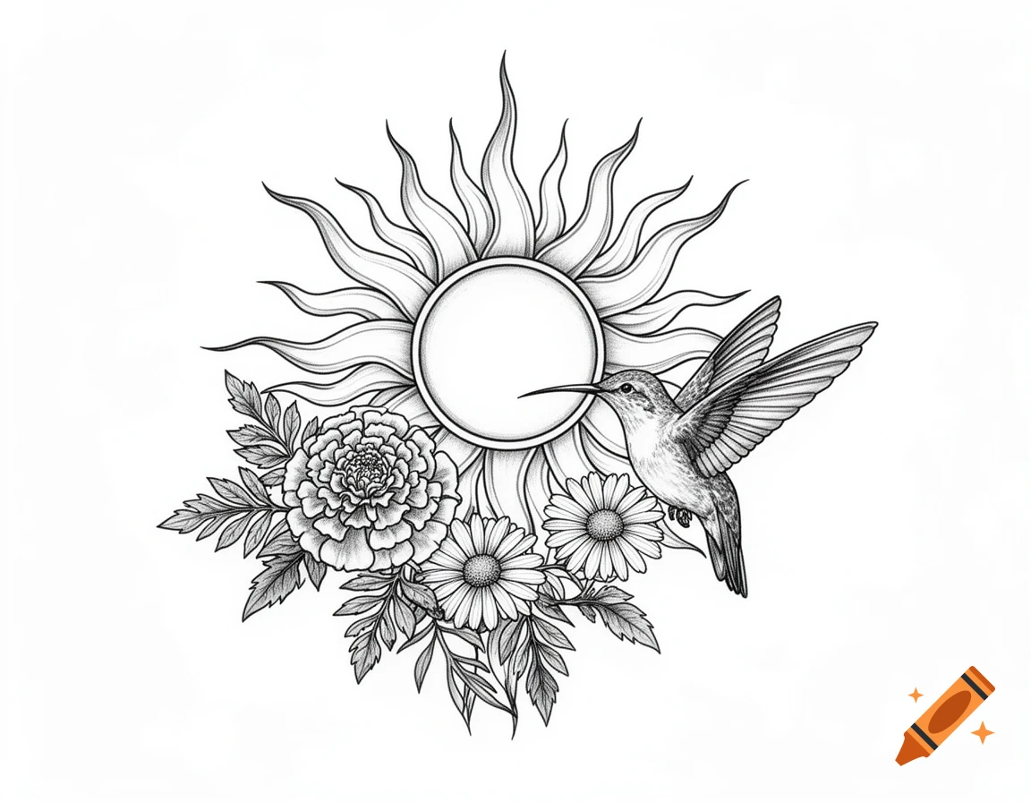 Black and white tattoo design featuring a stylized sun, a marigold, daisies, and a hummingbird flying.