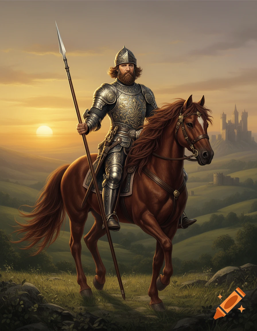 A bearded knight in ornate armor sits atop a brown horse, holding a spear at sunset with a castle in the distance.
