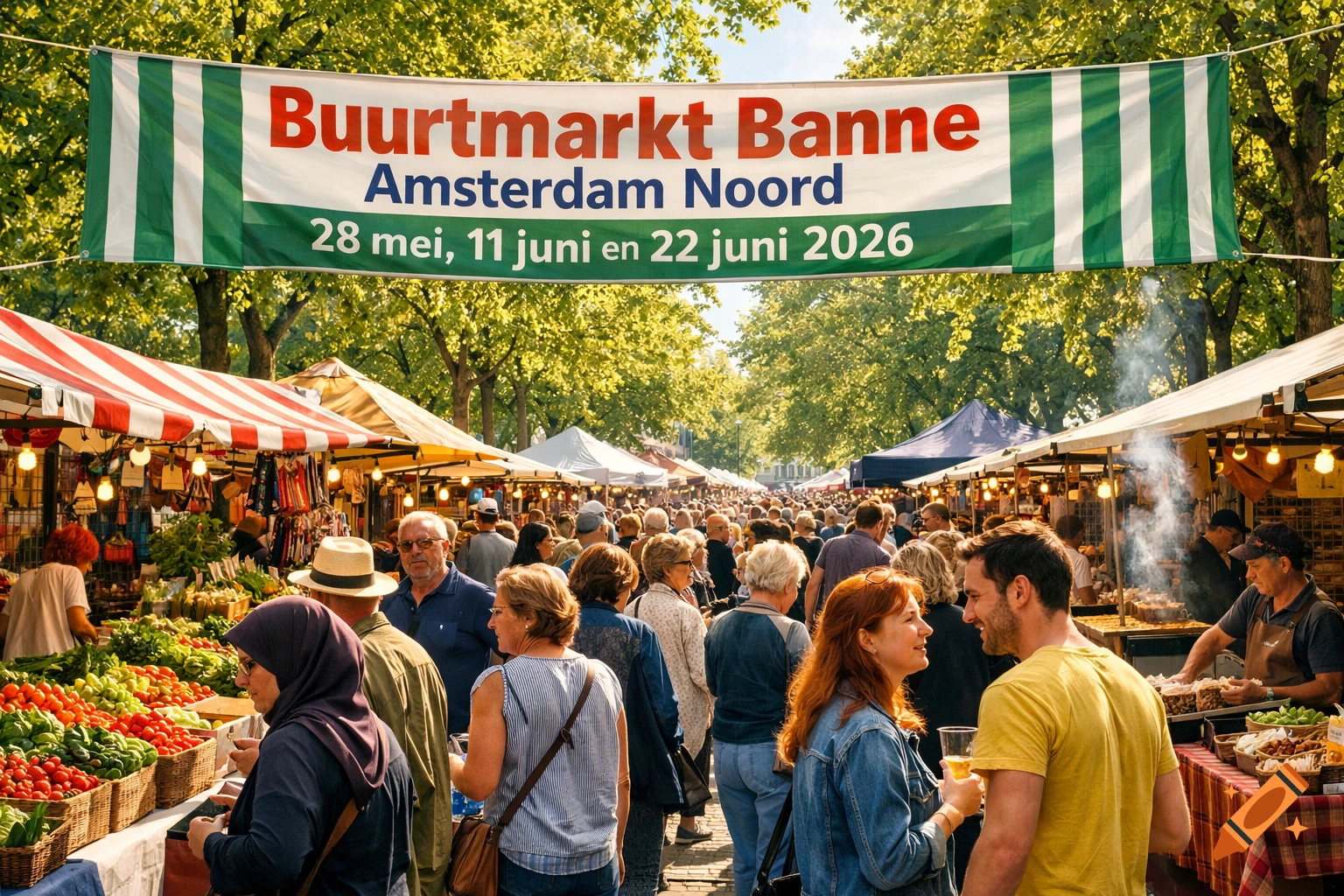 A vibrant outdoor market scene with many people browsing stalls under a banner, trees line the street.
