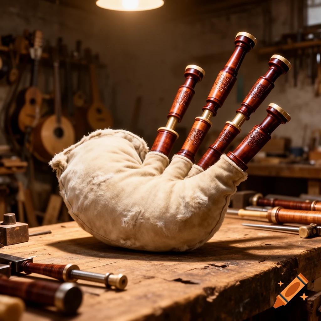 A photorealistic bagpipe with a light, fluffy bag and dark wooden drones rests on a rustic workbench in a dimly lit workshop.