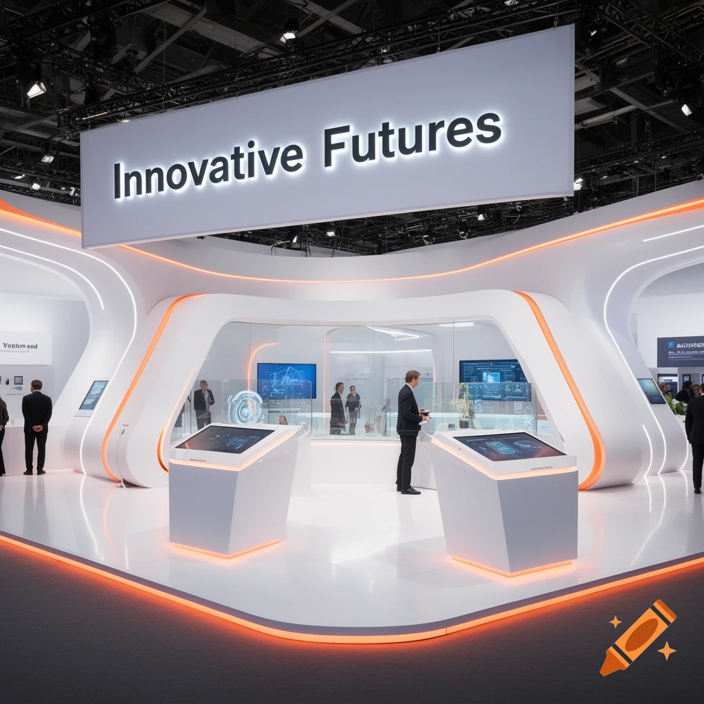 A modern, futuristic white and orange exhibition booth at a trade show, with a large banner reading "Innovative Futures" overhead.