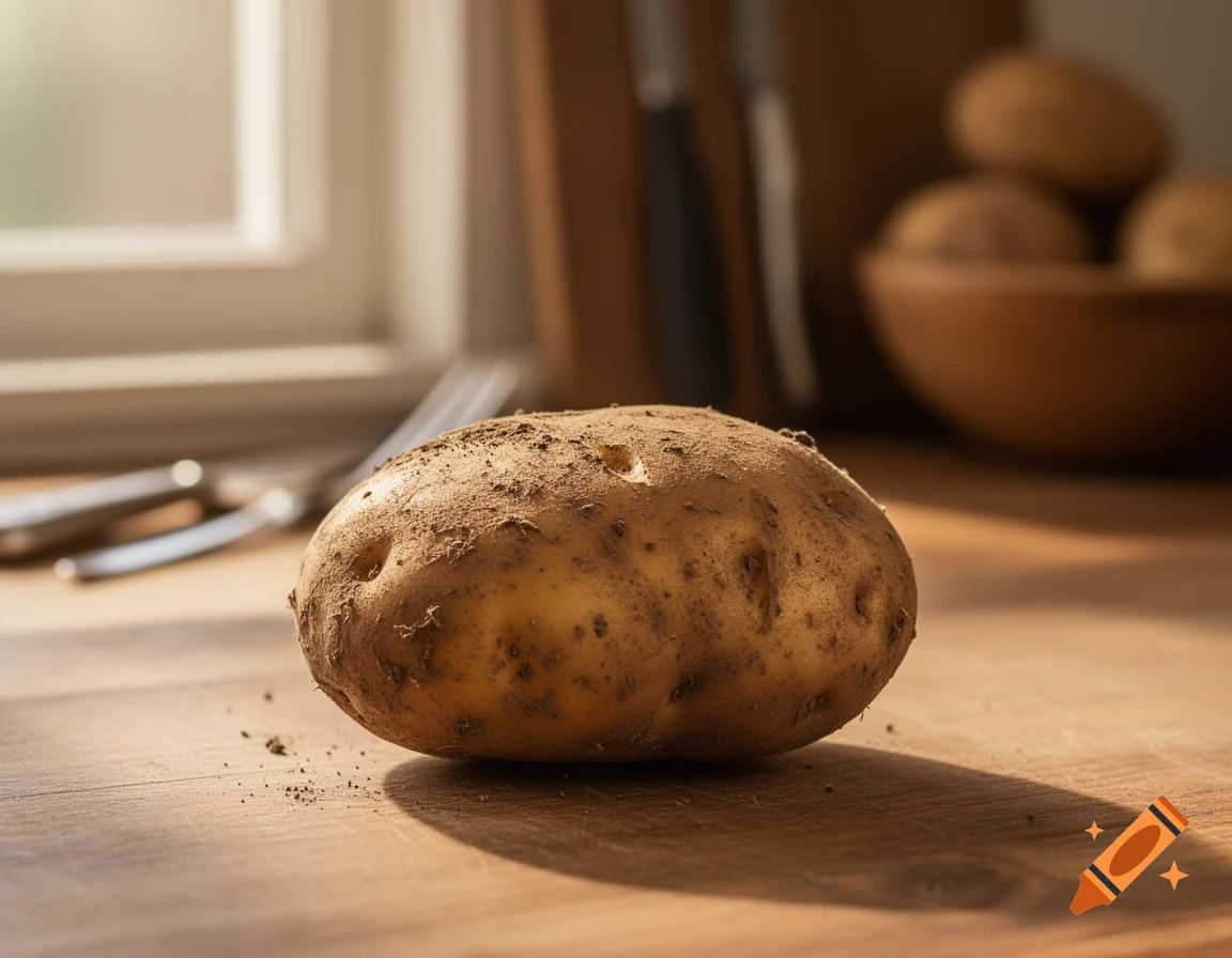 A single dirty potato sits on a sunlit wooden counter with blurred kitchen items in the background.