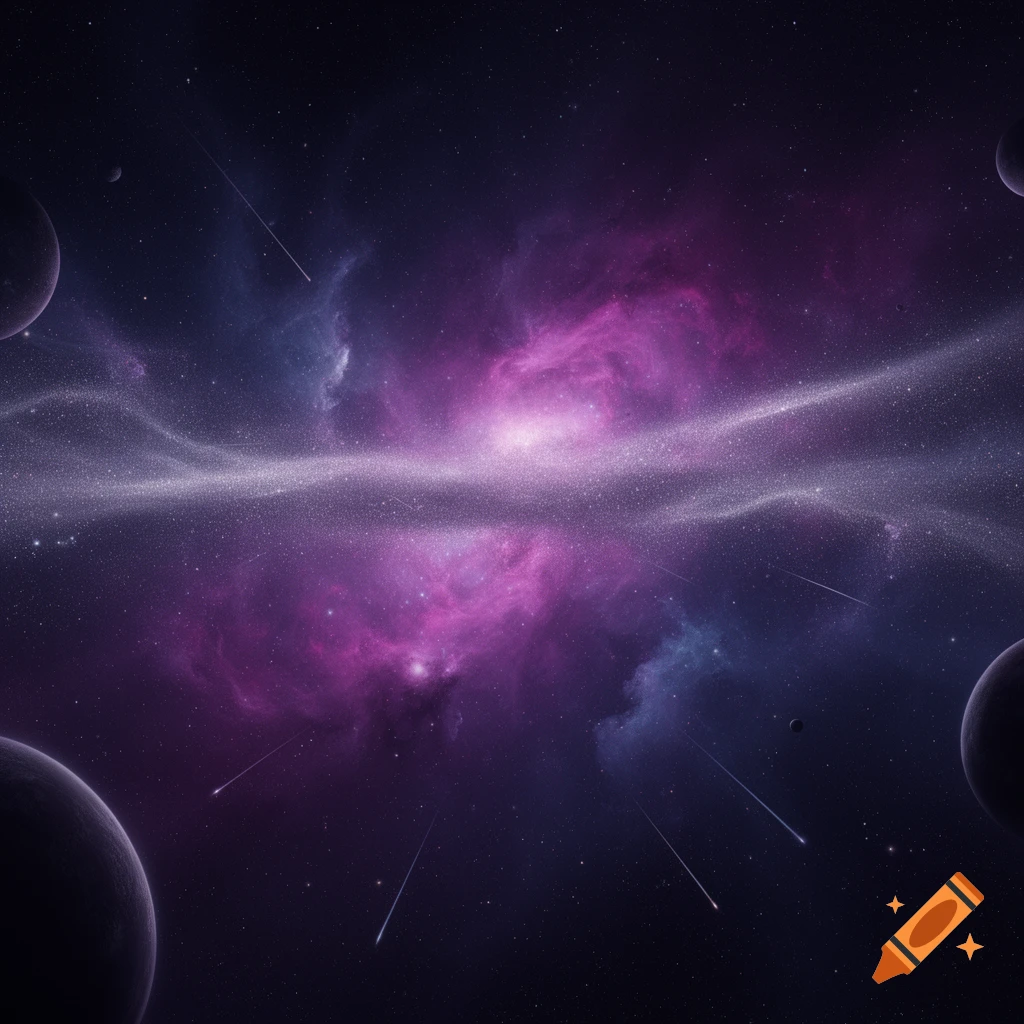 Vibrant purple and blue nebula with planets and streaking lights in a starry cosmic scene.