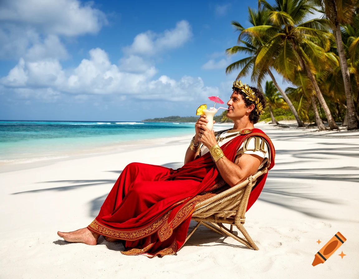 Julius Caesar in a toga and laurel wreath reclines in a beach chair on a tropical beach, sipping a cocktail.