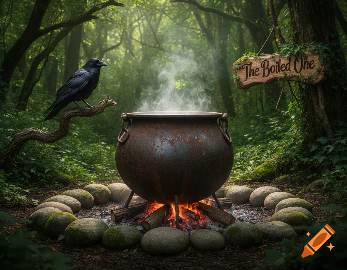 A raven perches on a gnarled branch above a steaming cauldron over a fire in a mystical forest, with a sign reading 'The Boiled One' on a tree.