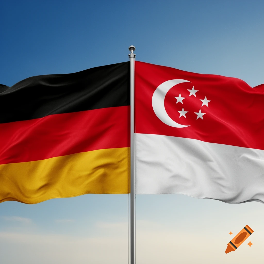 The German and Singaporean flags merged vertically, with the German flag on the left and the Singaporean flag on the right, against a clear blue sky.