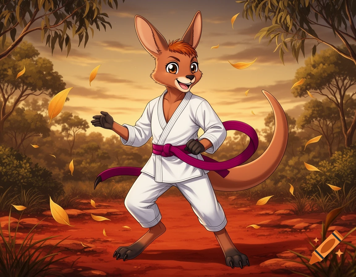 An anime kangaroo in a white martial arts gi with a purple belt stands on red earth in a stylized forest at sunset, with golden leaves falling.