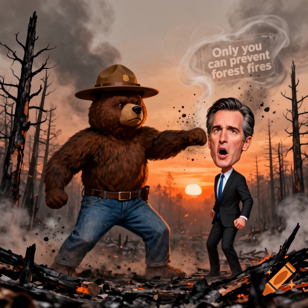 Smokey the Bear caricature punches Gavin Newsom caricature in a burned forest, with text 'Only you can prevent forest fires'.