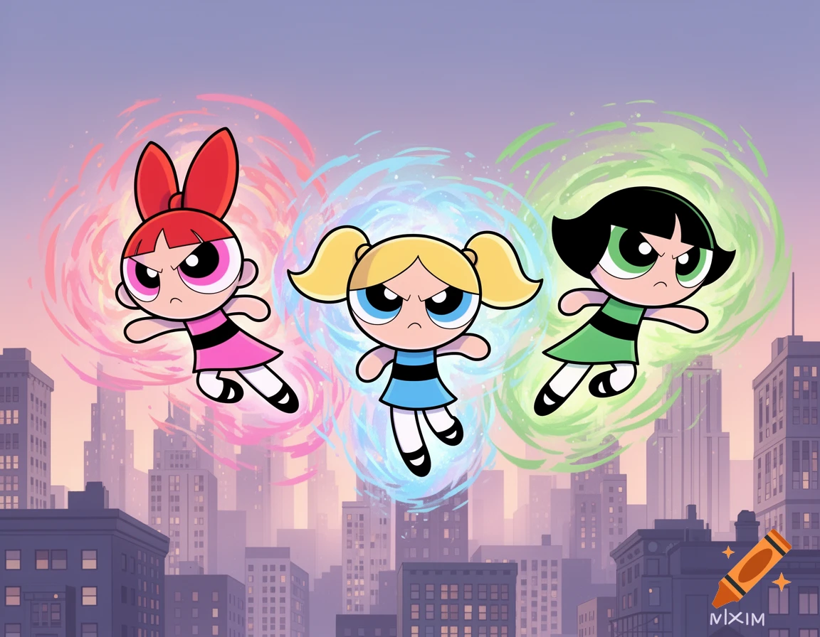 The Powerpuff Girls, Blossom, Bubbles, and Buttercup, fly angrily over a city at dusk with colored energy auras.