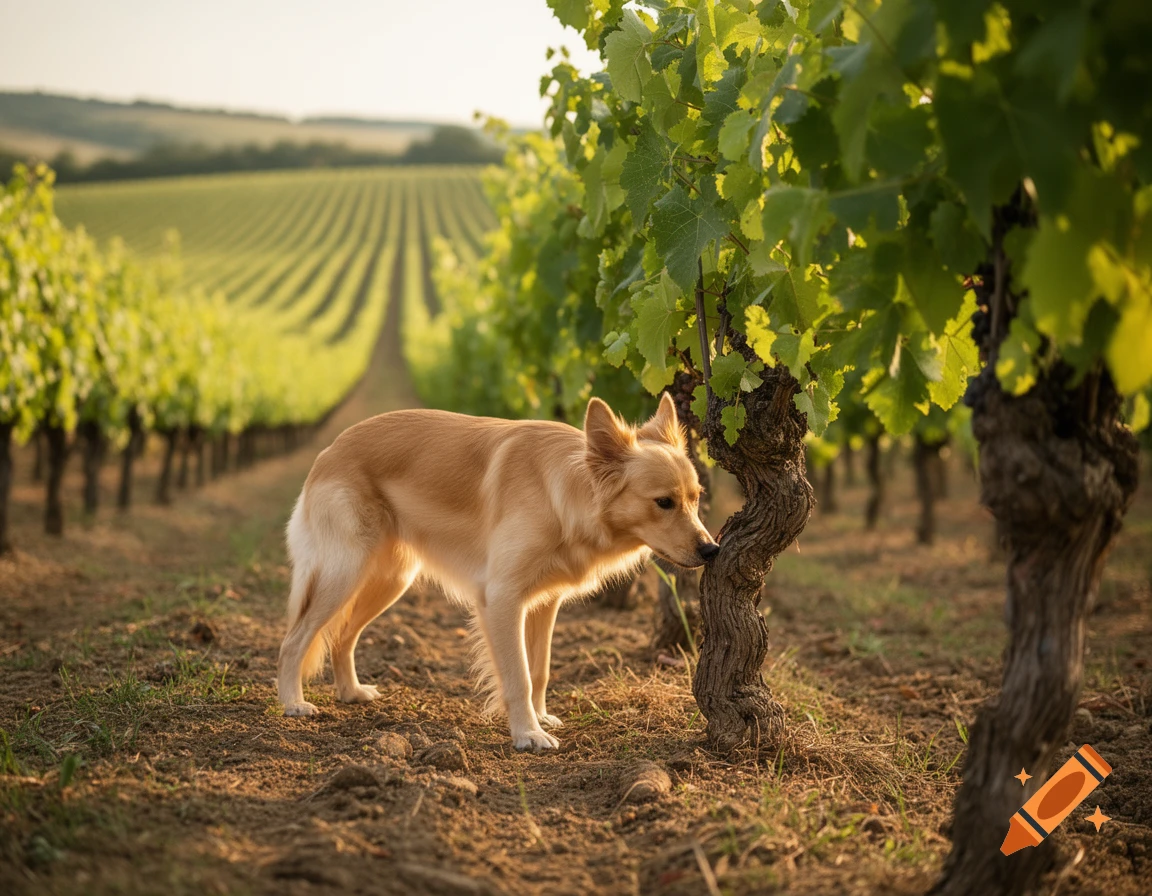 A golden dog sniffs a gnarled grapevine trunk in a sunlit vineyard, with rows of vines stretching into the distance.