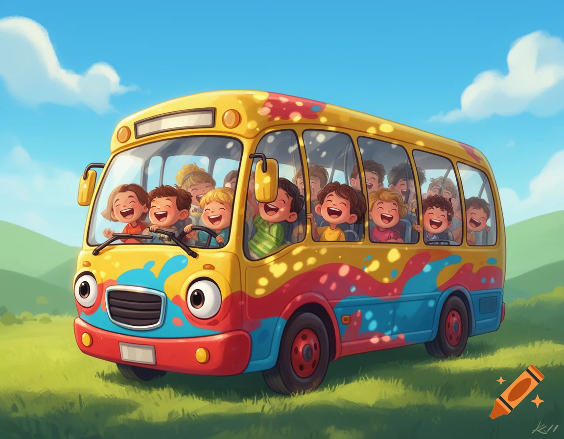 A colorful cartoon bus with big eyes, full of laughing children, drives through a sunny green field.