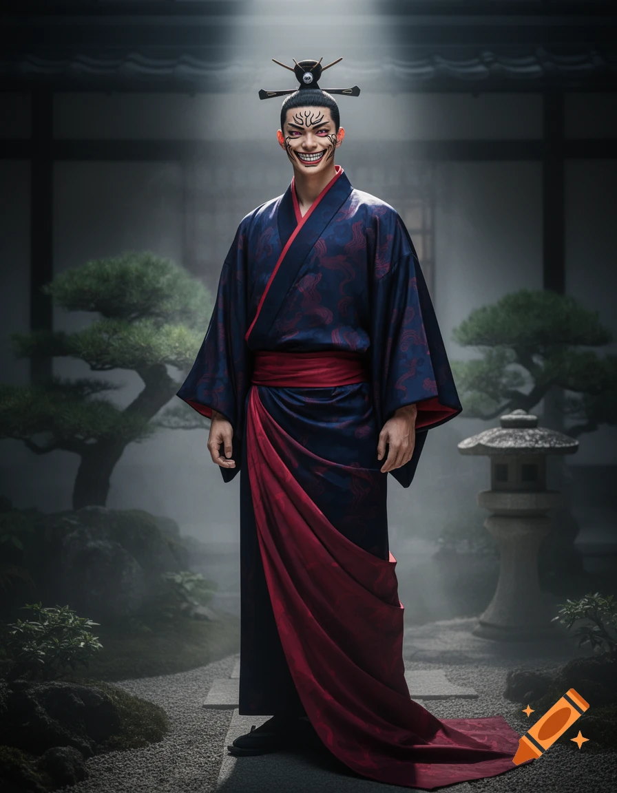 A man with red eyes, a wide grin, and black facial markings wears a dark blue and red kimono with a traditional top knot, standing in a misty Japanese garden.