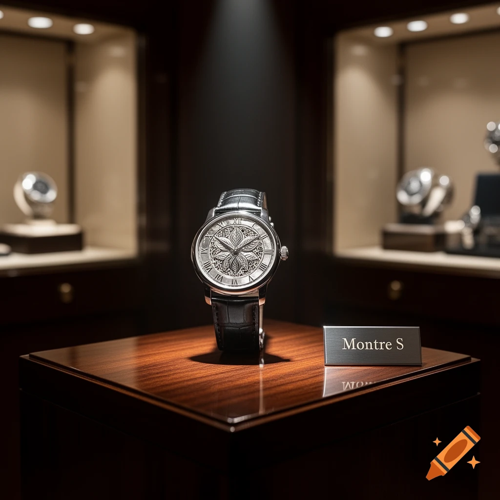 A detailed shot of a luxury watch with an ornate silver face and a black leather strap, displayed on a polished wooden stand with a 'Montre S' plaque, in a dimly lit setting.