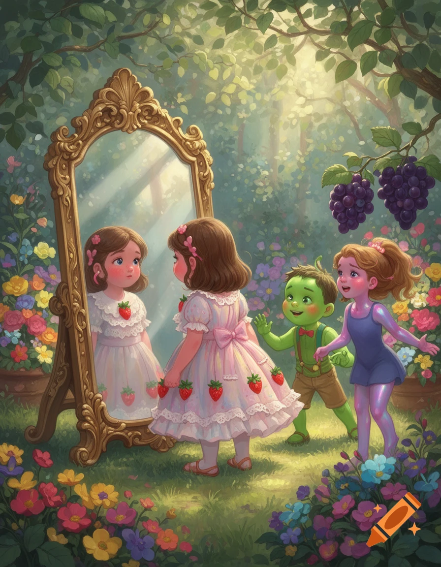 A shy girl in a strawberry dress looks at her reflection in a golden mirror while a green boy and a purple girl play nearby in a whimsical forest clearing full of flowers.