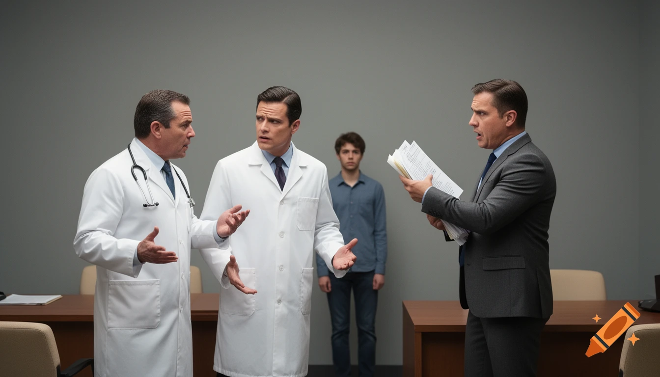 Two doctors and a businessman argue over papers while a young patient stands forgotten in the background of a modern office.