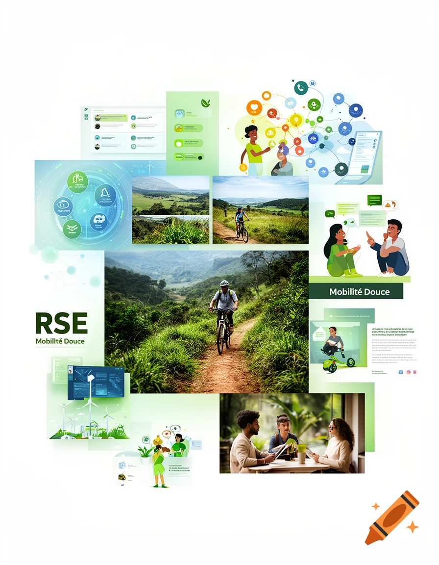 A modern moodboard collage features images related to sustainable living, digital interaction, travel, and community, including cyclists in nature, people conversing, and UI mockups.
