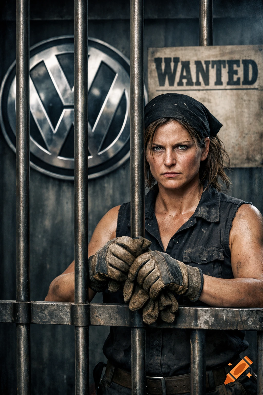 A photorealistic portrait of a stern woman gripping metal bars, wearing work gloves and a bandana, with a VW logo and a WANTED sign in the gritty background.