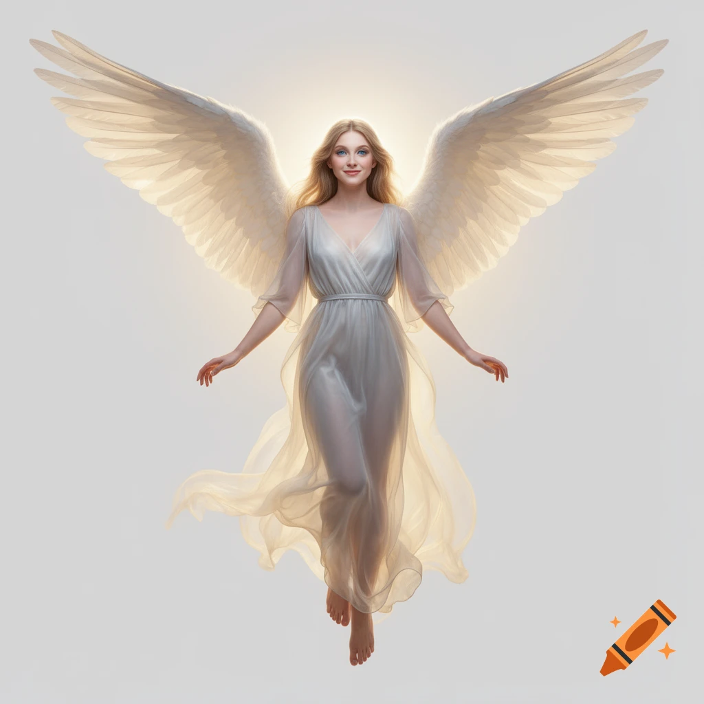 A photorealistic depiction of a blonde woman with large white wings, floating against a bright, light background.