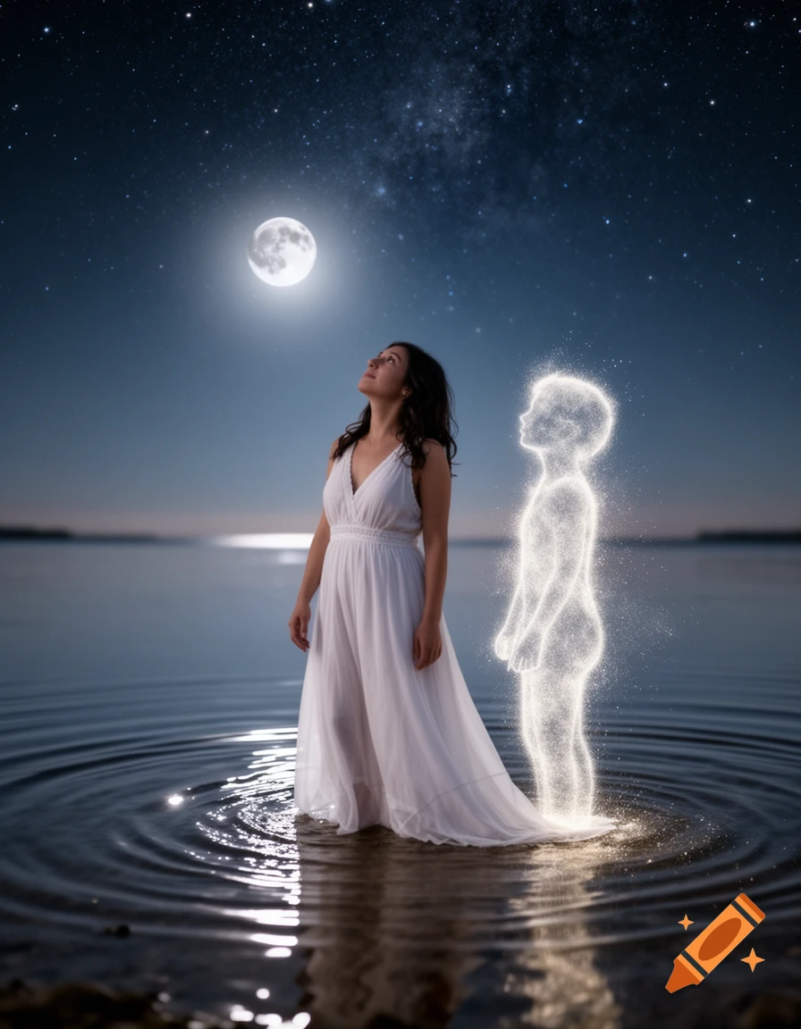 A woman in a white dress stands in moonlit water, gazing at a starry sky and a full moon, beside a glowing child figure.