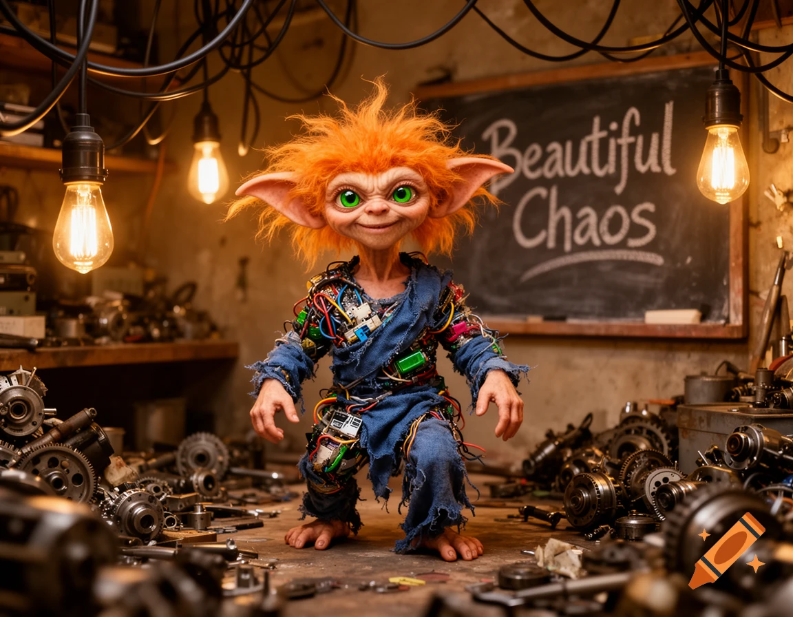 A vibrant orange-haired gremlin-like creature in tattered clothes covered in circuit boards, standing in a messy workshop under glowing bulbs, with 'Beautiful Chaos' written on a blackboard.